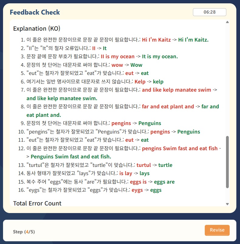 오류마다 한글 설명이 달린 Feedback 화면