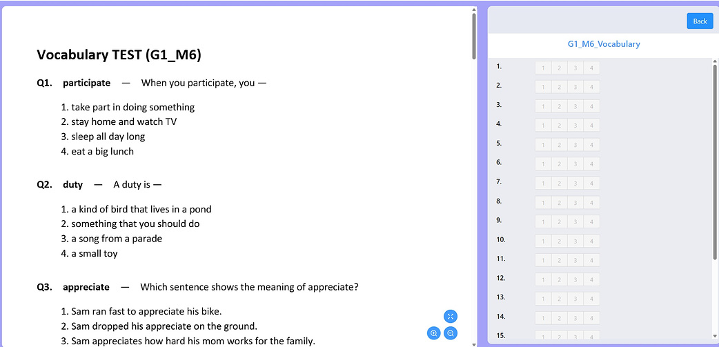 Vocabulary Test 문항과 OMR 답안